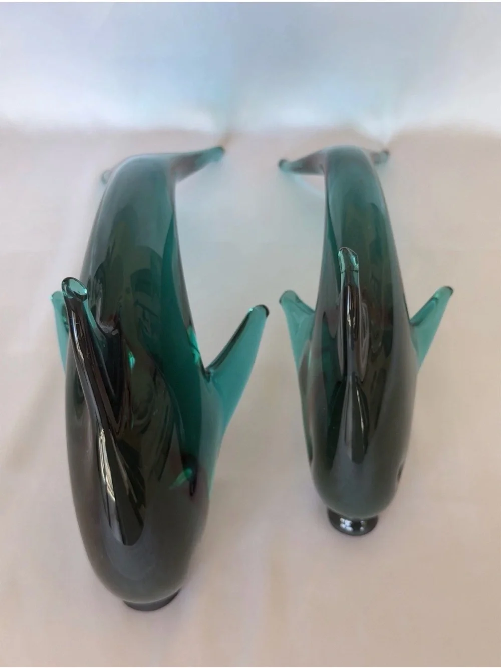 Vintage Green Art Glass Dolphin Figurines 10.5” & 8.5” Handmade Style – Set of 2